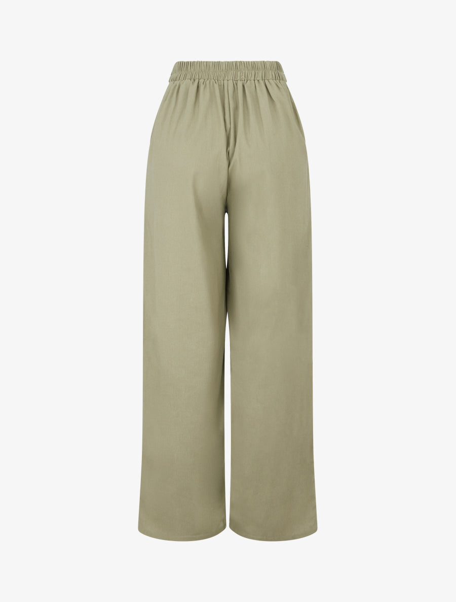 Pantalon ample uni à ceinture brodée - Kaki - 2