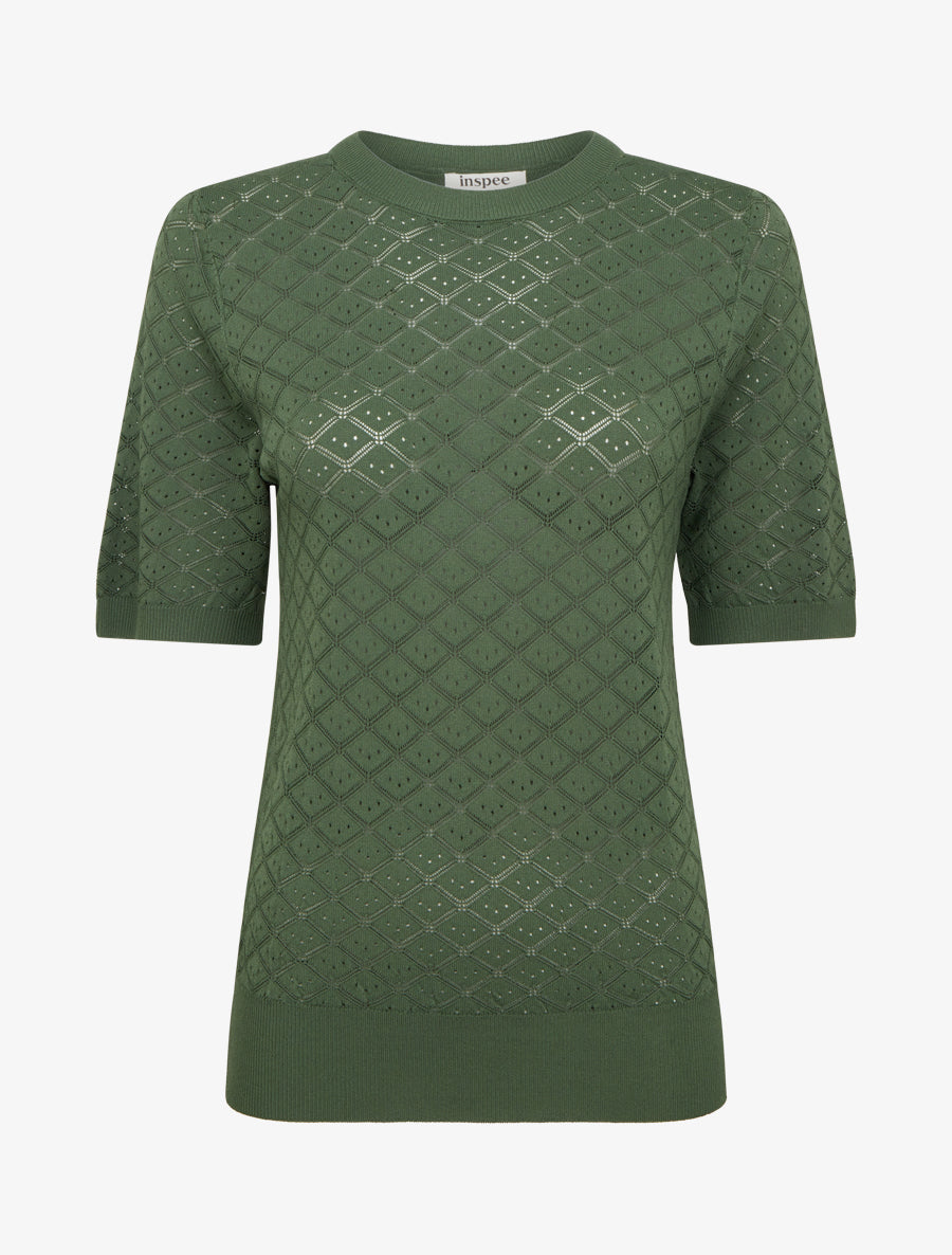 Pull fin à motifs losanges ajourés - Kaki - 1