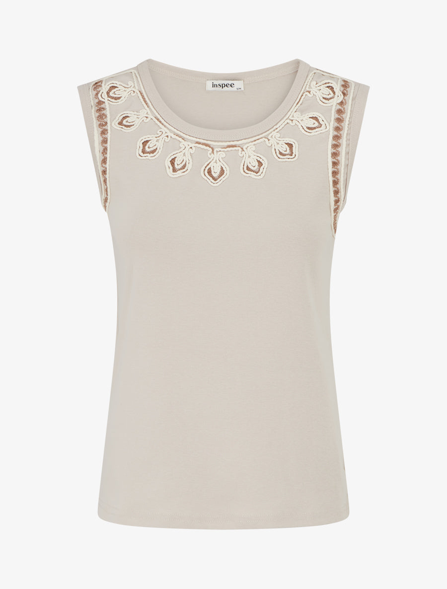 T-shirt uni sans manches à col stylisé - Beige - 1