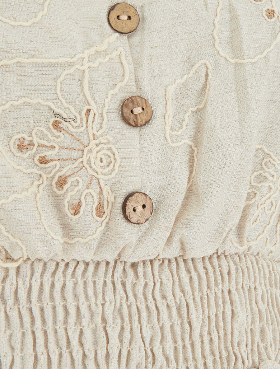 Robe mi-longue élastiquée à buste brodé - Beige - 3