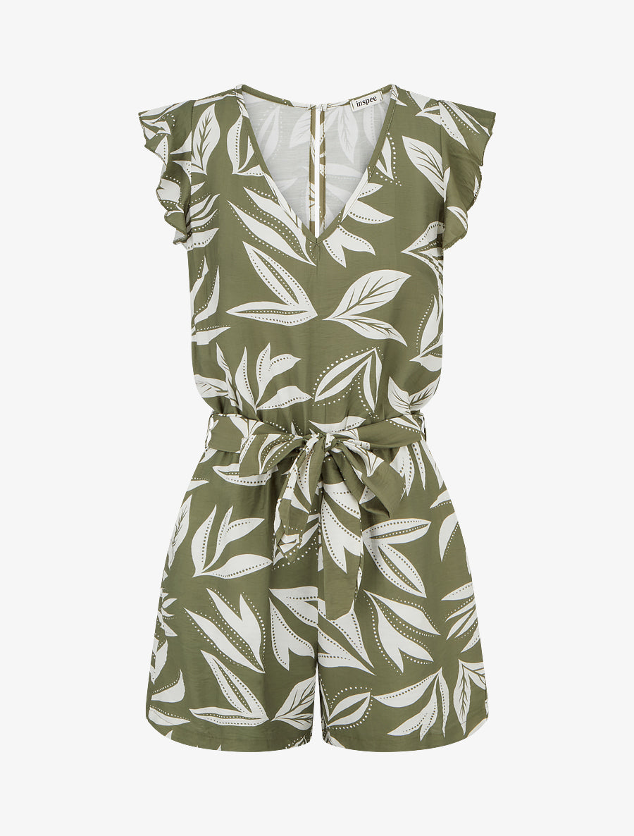 Combishort à manches volantées imprimé feuillage - Kaki - 1