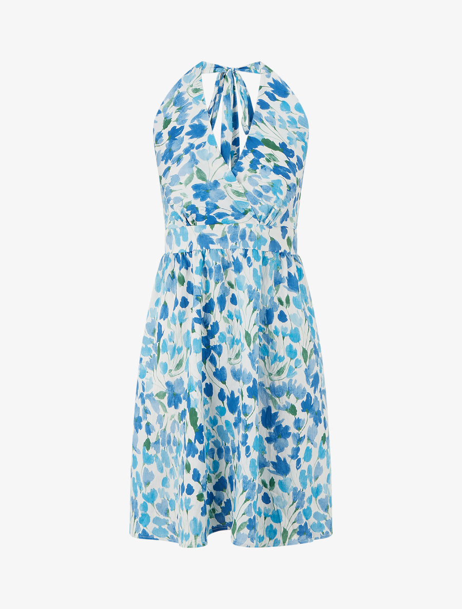 Robe mi-longue dos nu imprimé fleurs abstraites - Bleu - 1