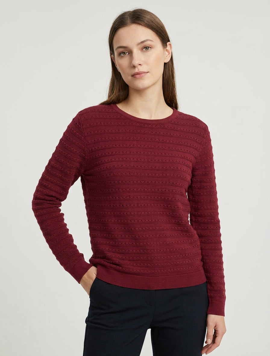 Texturierter einfarbiger Pullover mit Rundhalsausschnitt - Bordeaux
