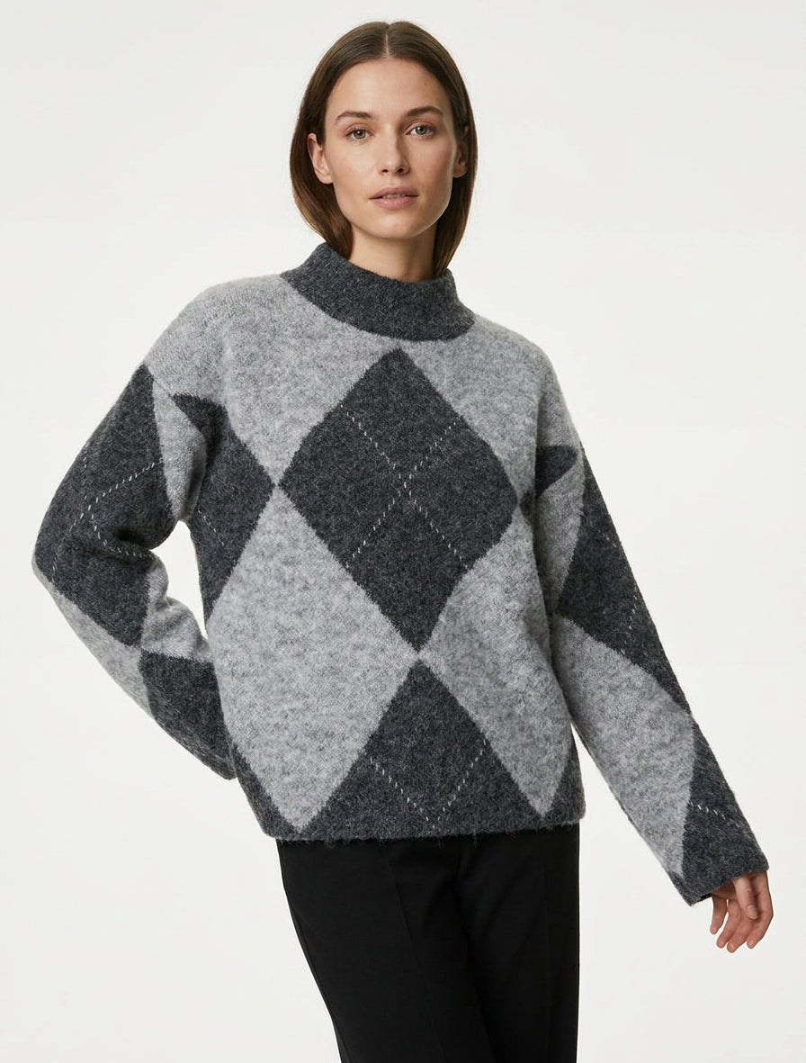 Pullover aus Wollmischung mit Rautenmuster - Grau