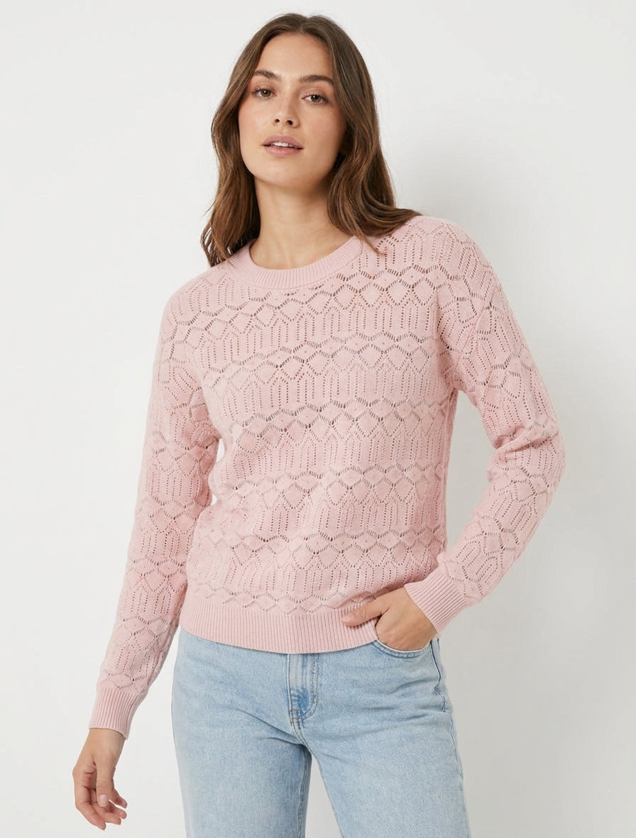 Einfarbiger, durchbrochener Pullover mit Rundhalsausschnitt - Rose