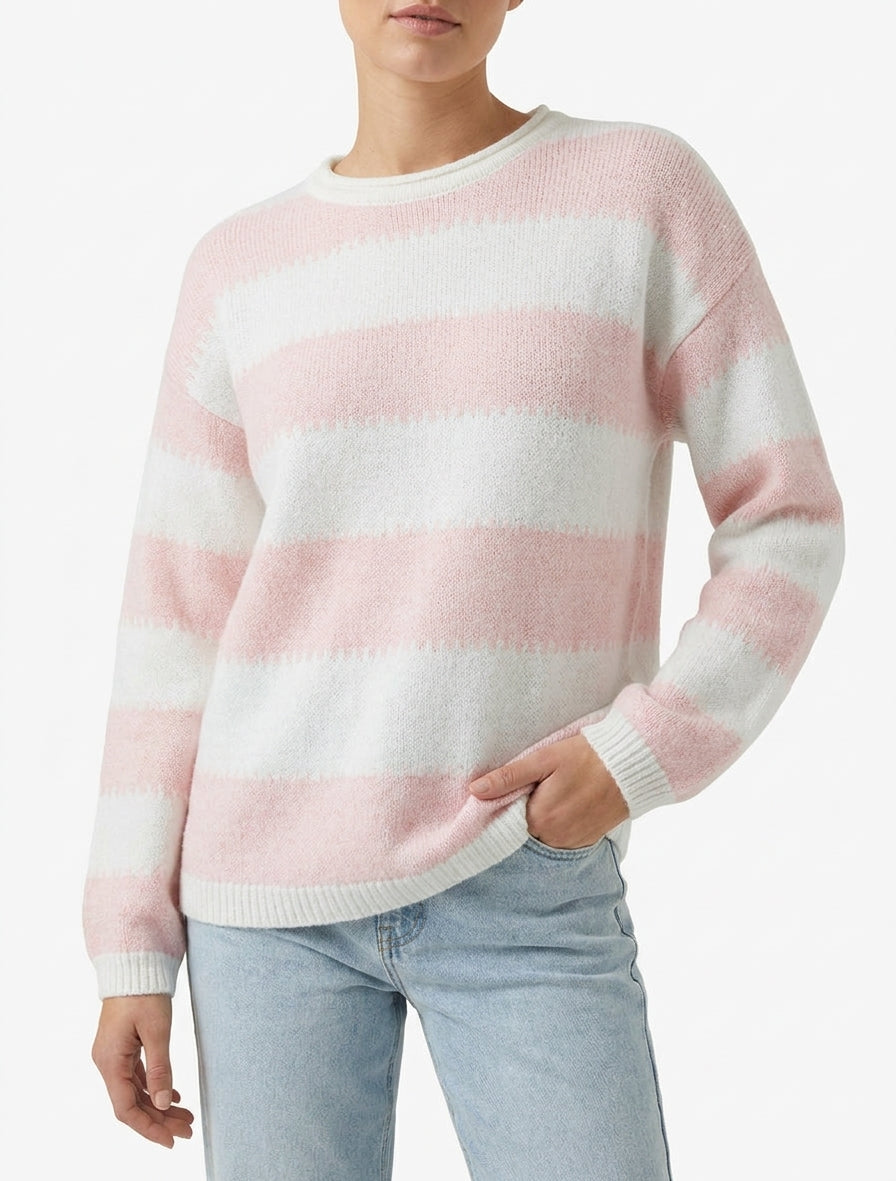 Gerader Pullover mit Rundhalsausschnitt und stilisierten Streifen. - Rose