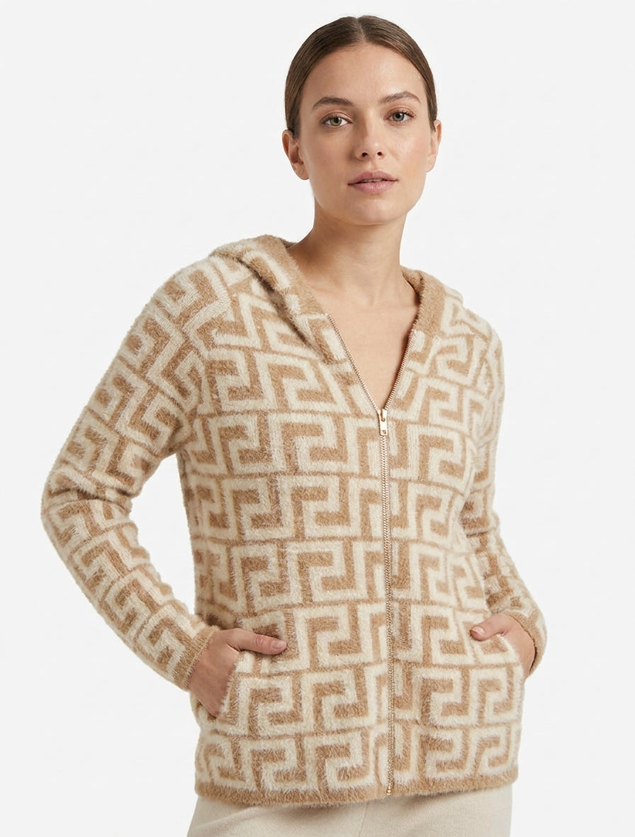 Grafisch bedrucktes Kapuzen-Sweatshirt aus flauschigem Strick - Kamel