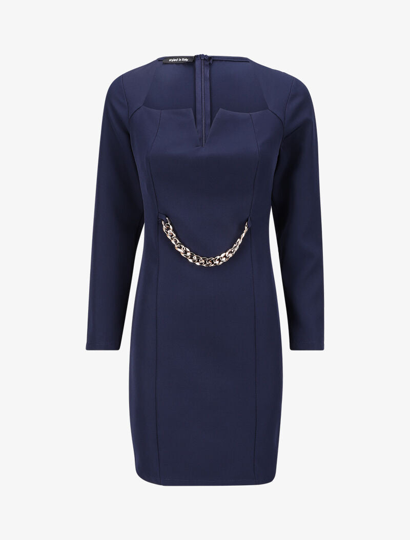 Robe ajustée à col fendu et détail chaîne - Marine - 1
