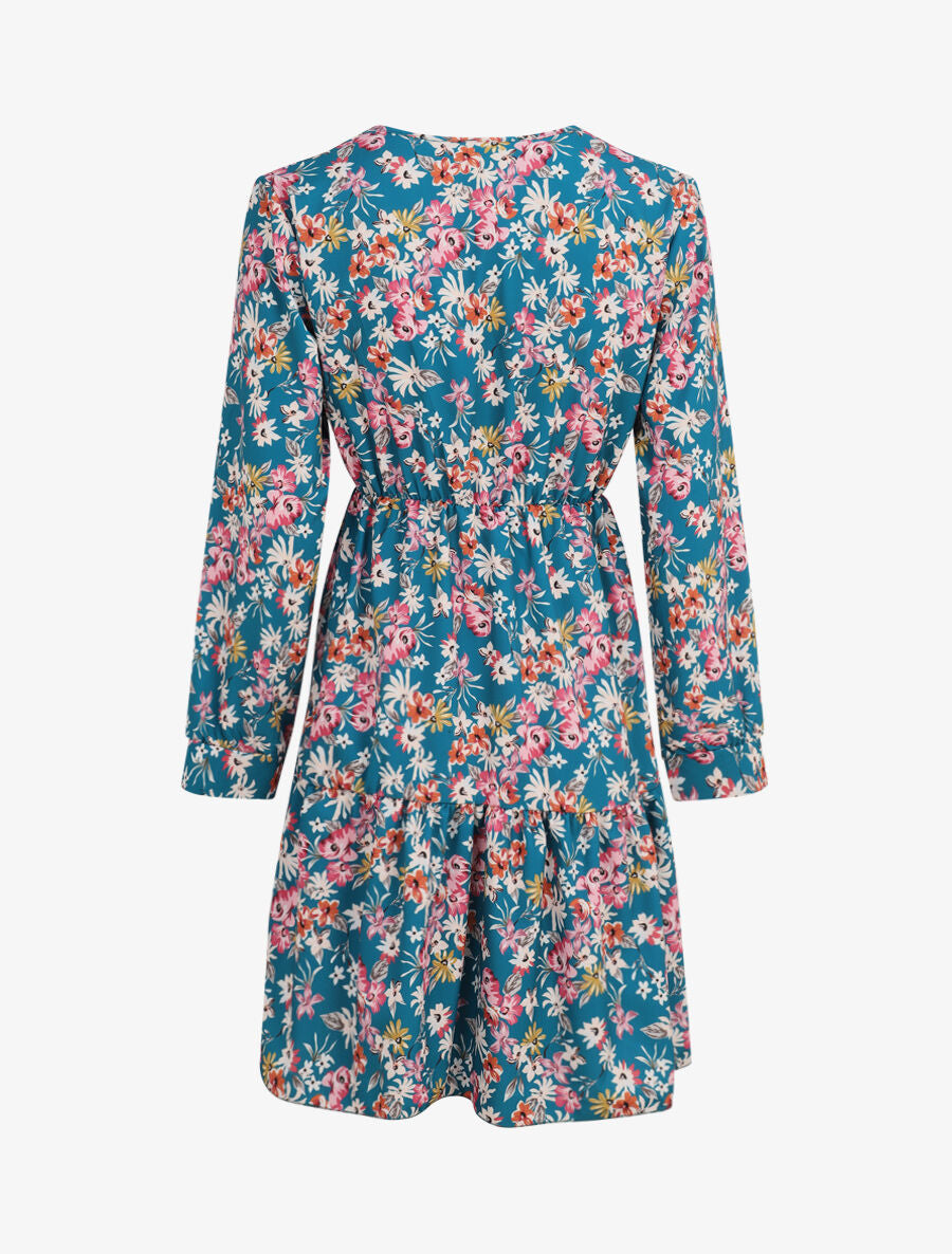 Robe patineuse fleurie à col cache-coeur - Bleu canard - 2