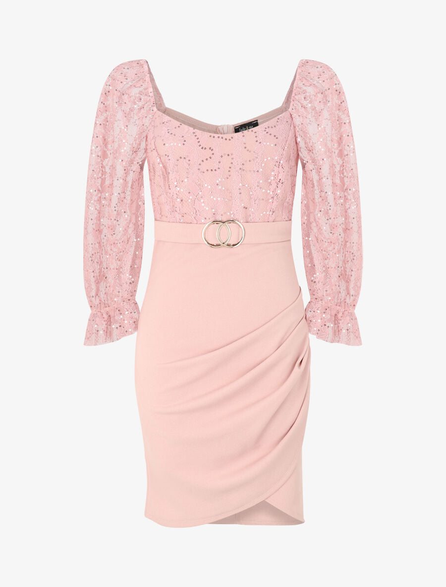 Robe drapée à buste en dentelle et sequins - Rose poudré - 1