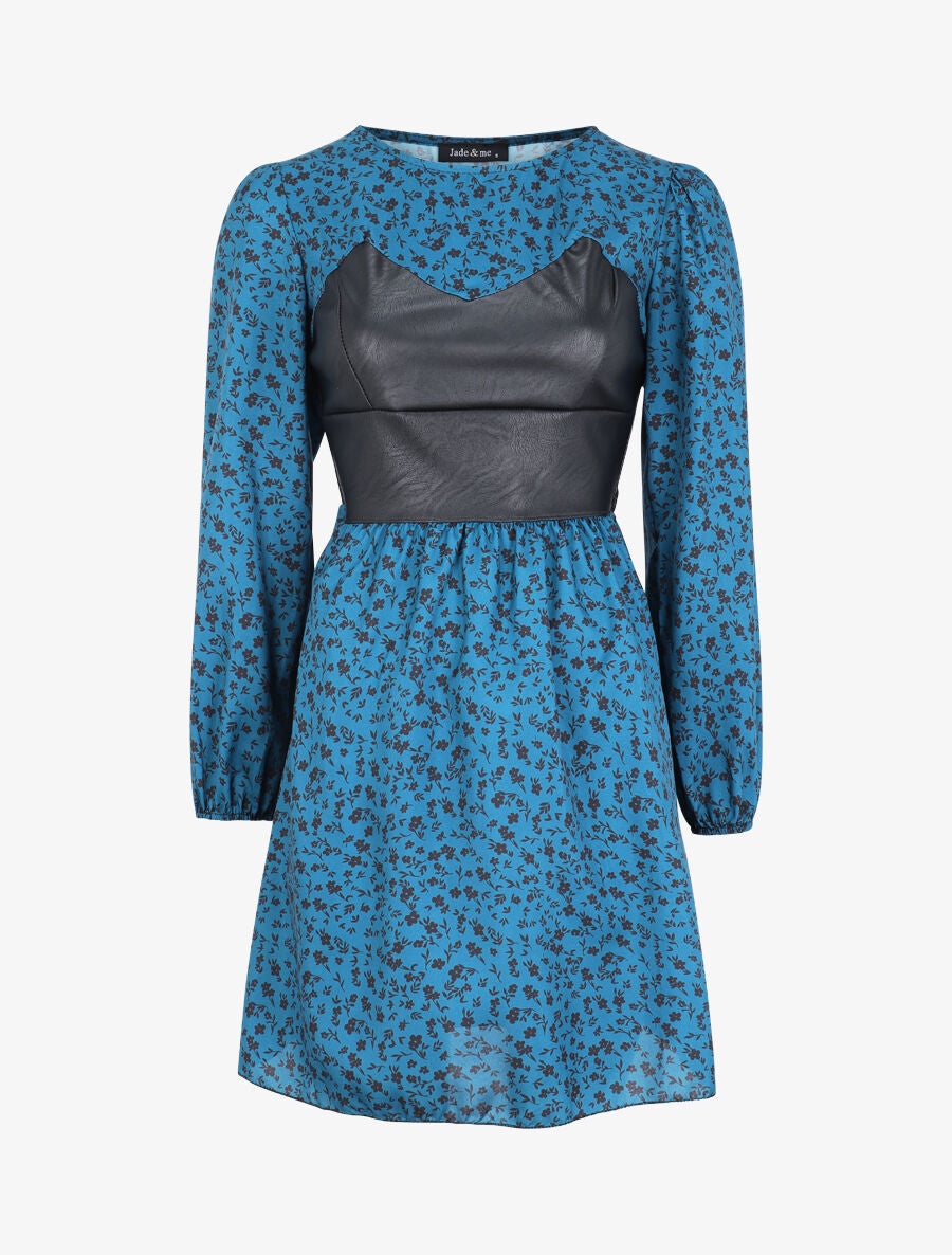 Robe à buste en simili et imprimé petites fleurs - Bleu canard - 1