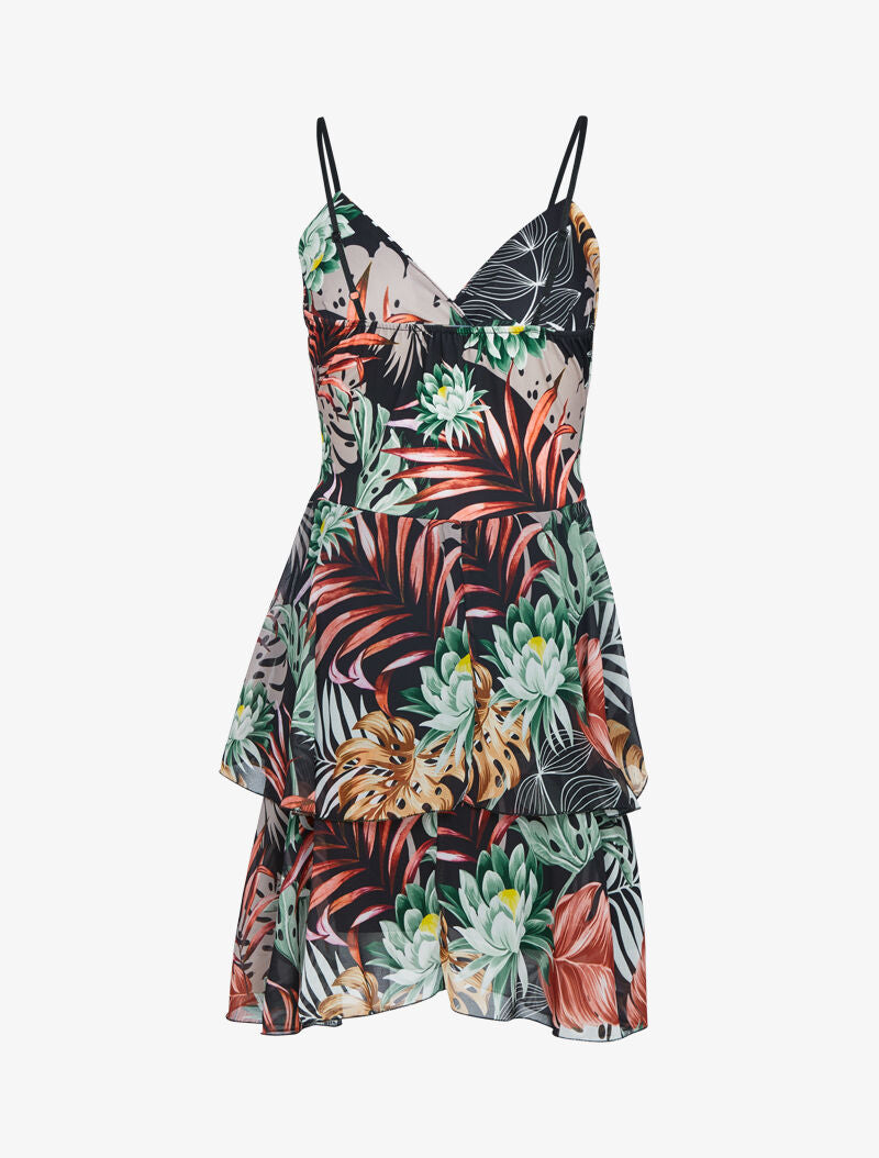 Robe à imprimé tropical et volants - Noir - 3