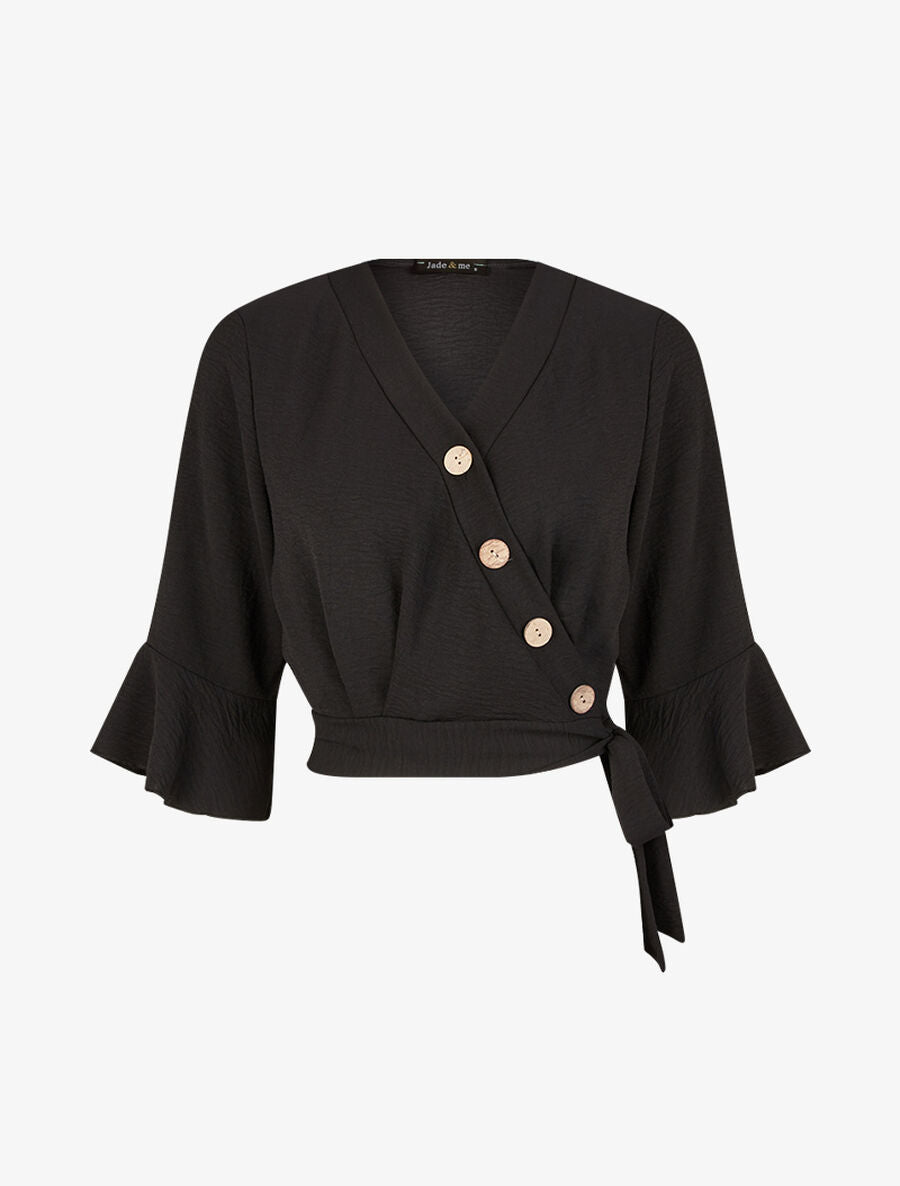 Blouse courte cache coeur à nouer - Noir - 1