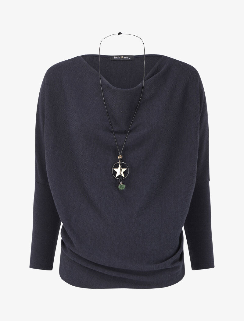 Pull fin à col bénitier et manches dolman - Bleu - 4