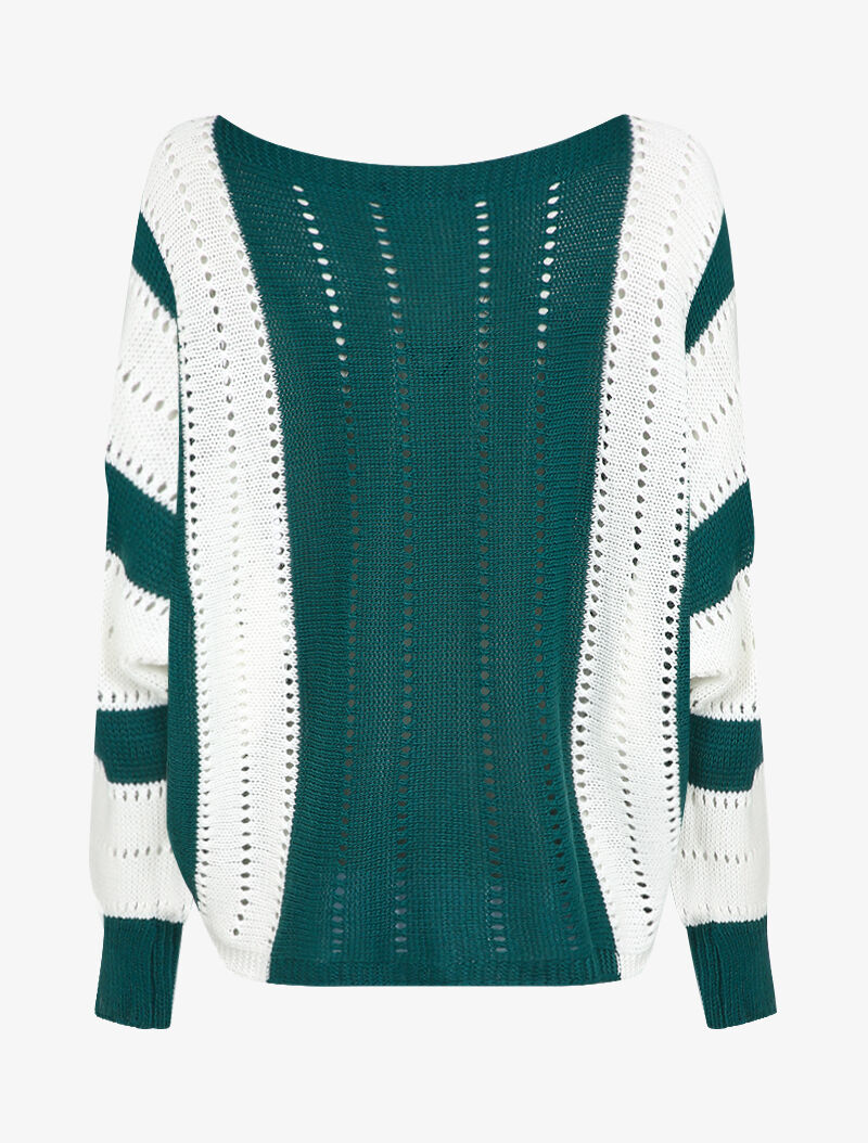 Pull oversize chauve-souris en maille ajourée - Vert/blanc - 2