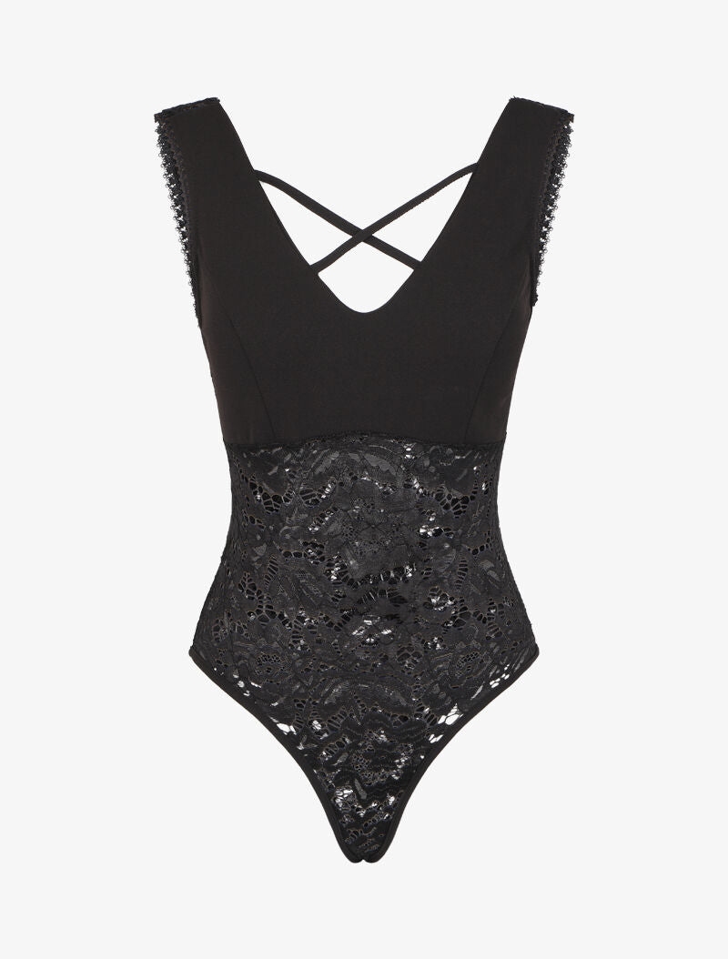 Body échancré en dentelle à bustier coquée - Noir - 1