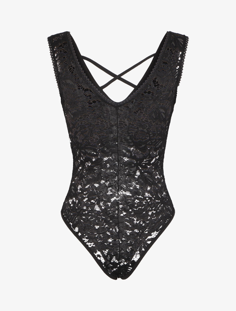 Body échancré en dentelle à bustier coquée - Noir - 2