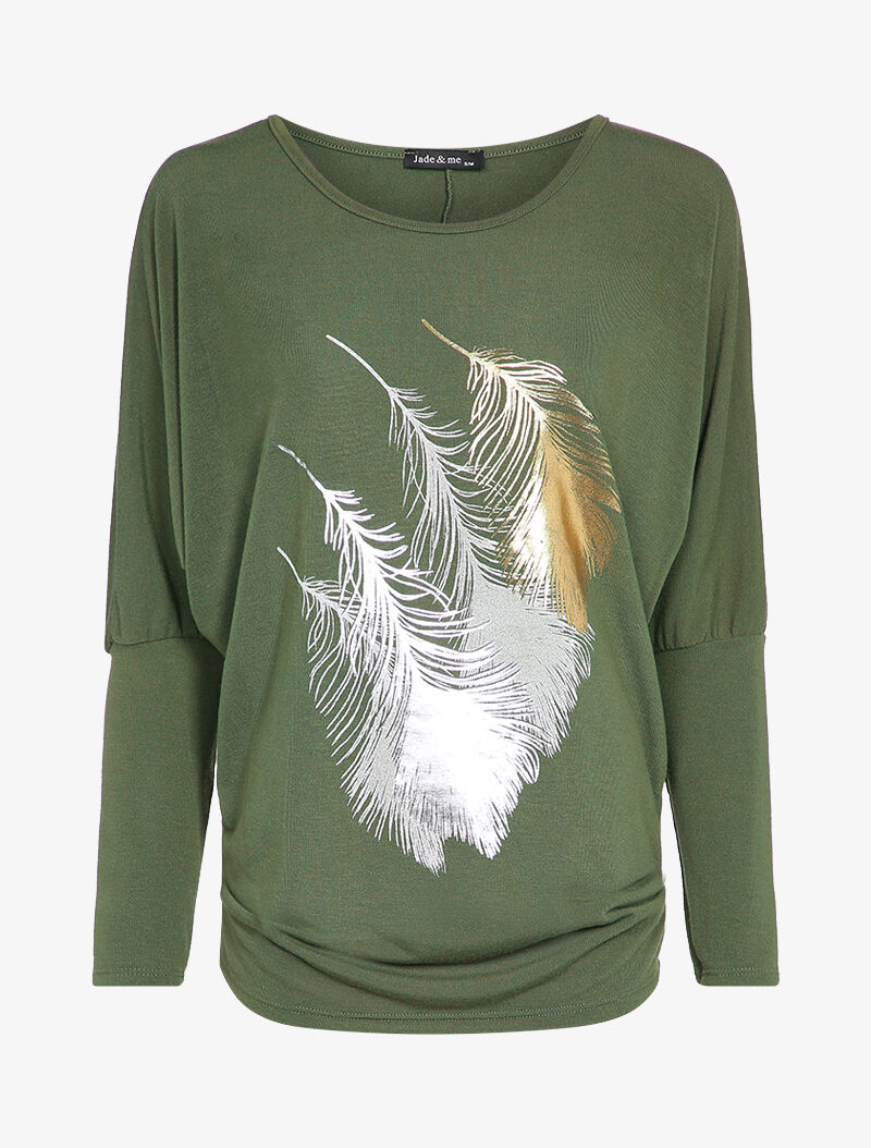 Top manches dolman à motifs plumes - Kaki - 4