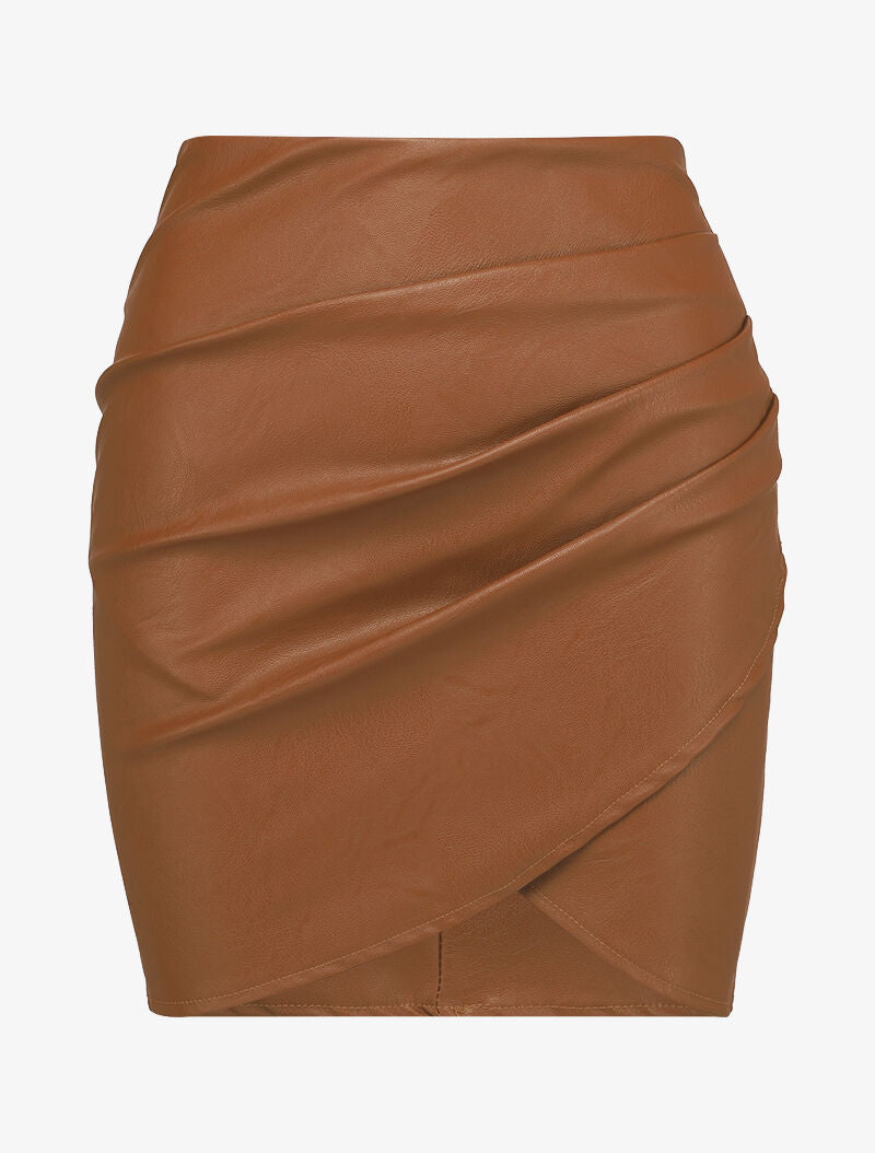 Mini jupe portefeuille en simili - Marron - 4