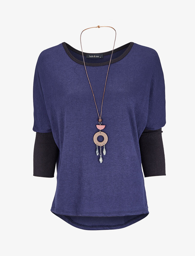 Pull dolman oversize avec sautoir - Marine - 1