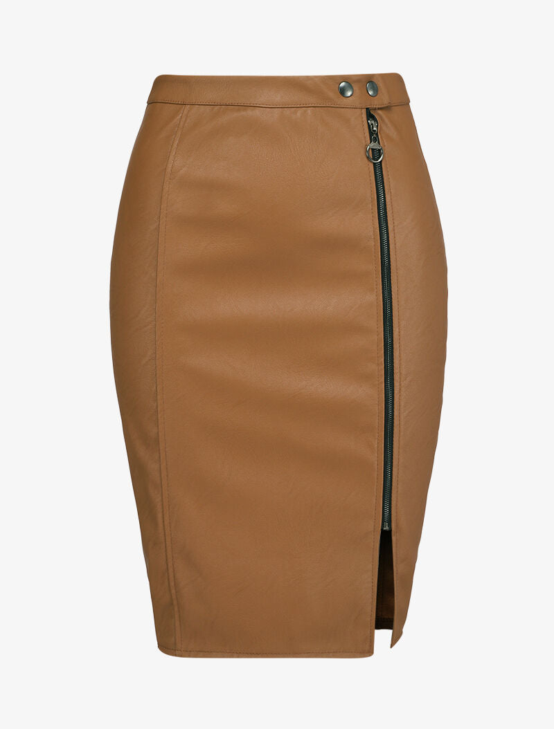 Jupe fendu en simili à zip - Camel - 4