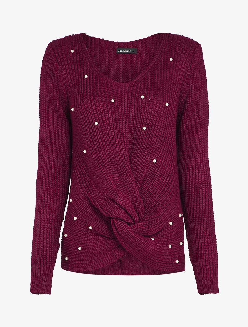 Pull torsadé à détails perles - Bordeaux - 4