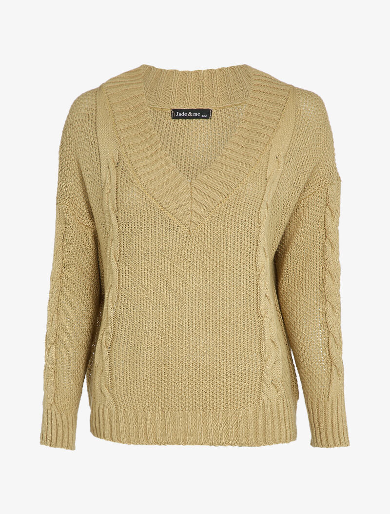 Pull col V à détails tressés - Beige - 1
