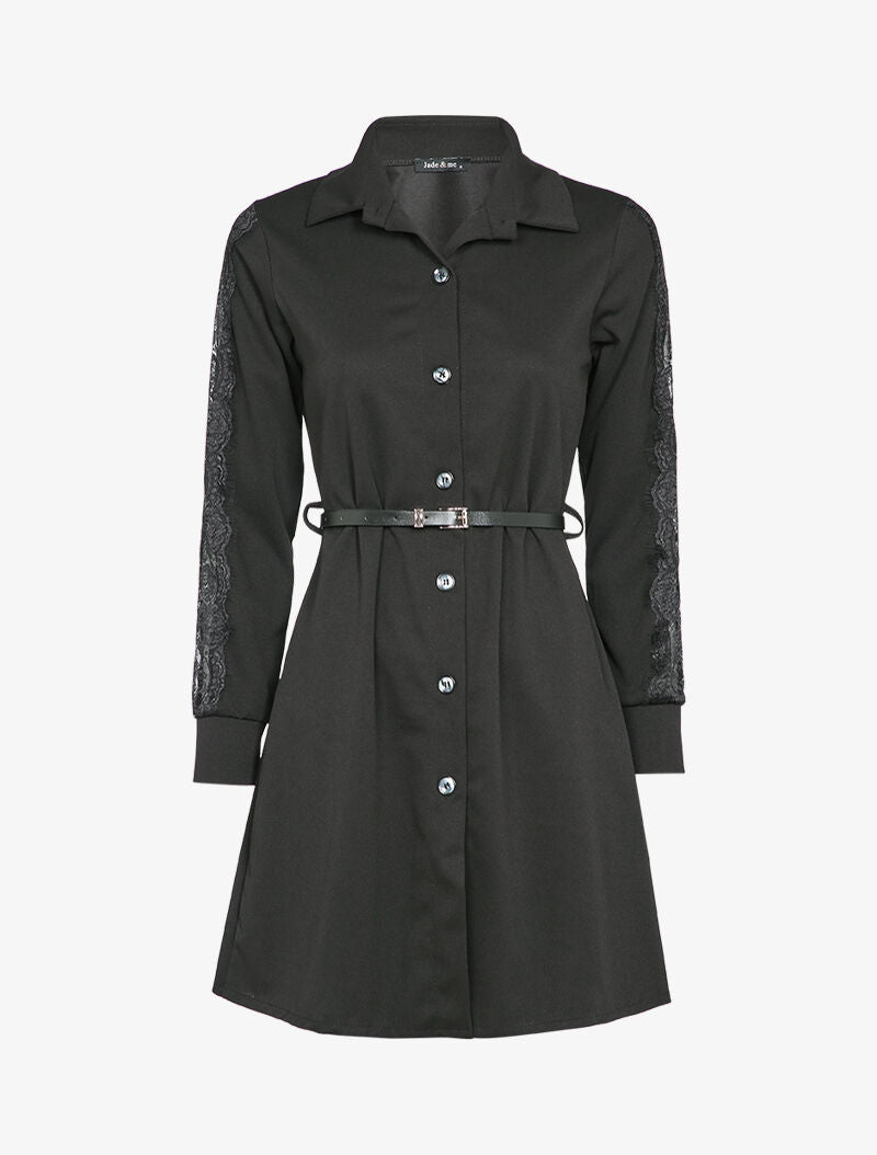 Robe chemise à manches détail dentelle - Noir - 2