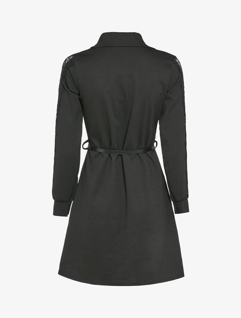 Robe chemise à manches détail dentelle - Noir - 3