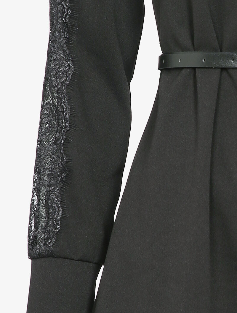 Robe chemise à manches détail dentelle - Noir - 4