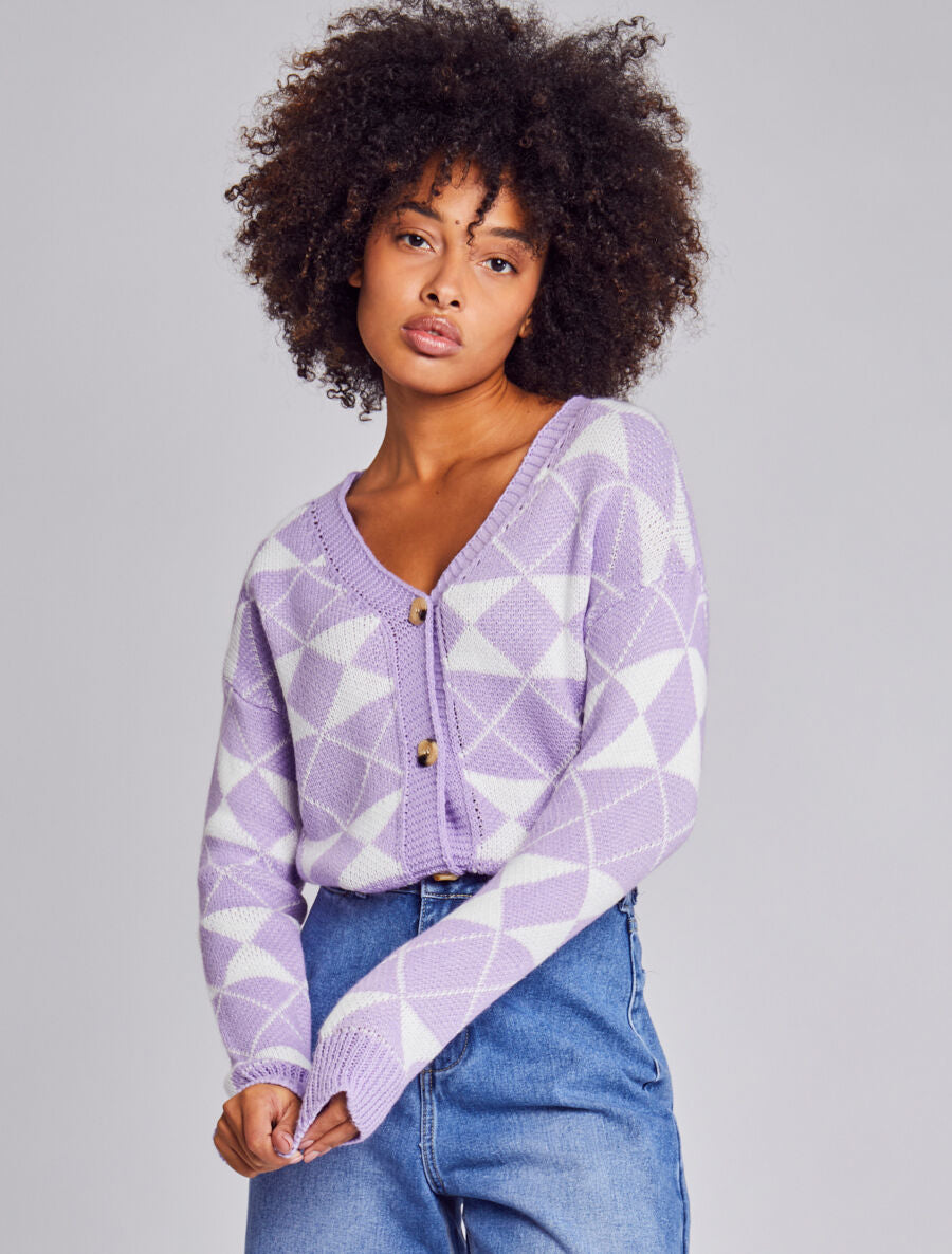 Cardigan à imprimé géométrique et boutons effet corne - Lilas - 4