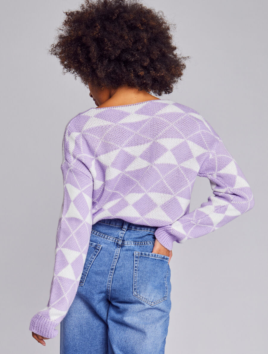 Cardigan à imprimé géométrique et boutons effet corne - Lilas - 5
