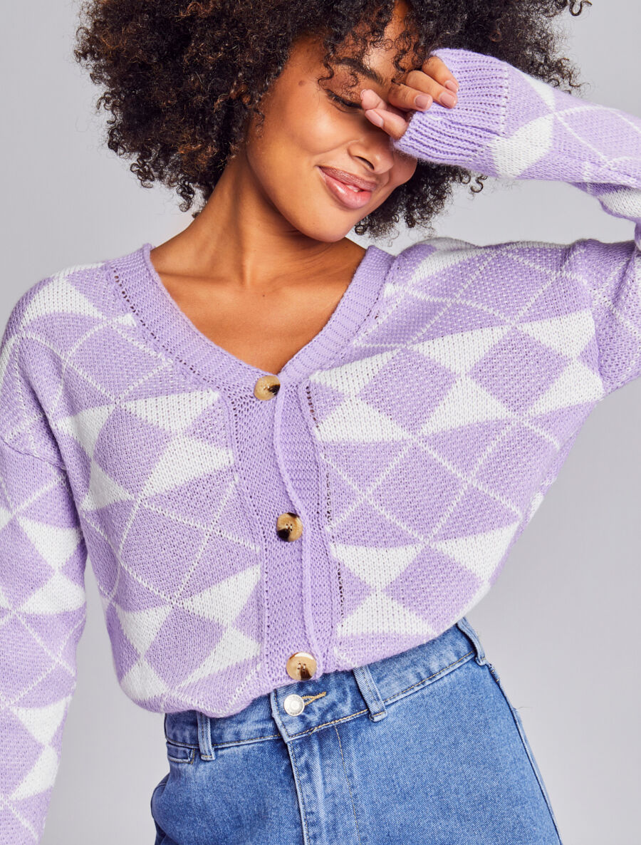 Cardigan à imprimé géométrique et boutons effet corne - Lilas - 6