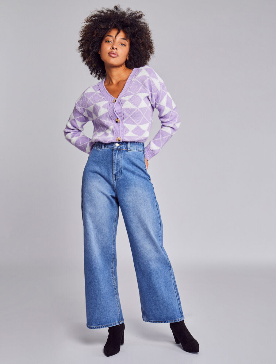 Cardigan à imprimé géométrique et boutons effet corne - Lilas - 7