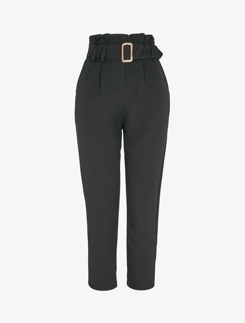 Pantalon carotte 7/8 à taille empire froncée - Noir - 1