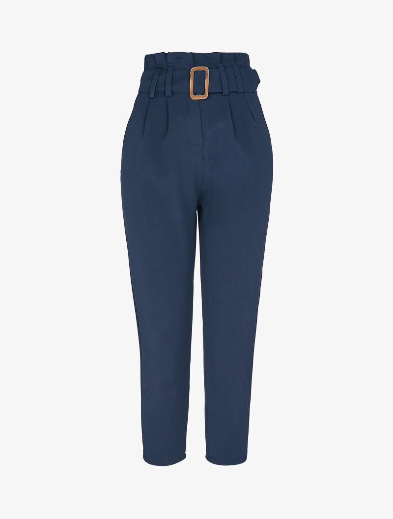 Pantalon carotte 7/8 à taille empire froncée - Marine - 1