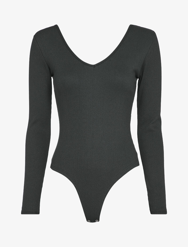 Body côtelé à col et dos en V - Noir - 4