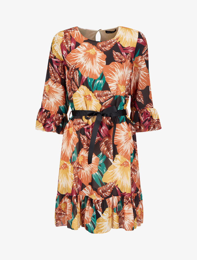 Robe imprimé fleurs tropicales à manches et bords volantés - Noir - 1