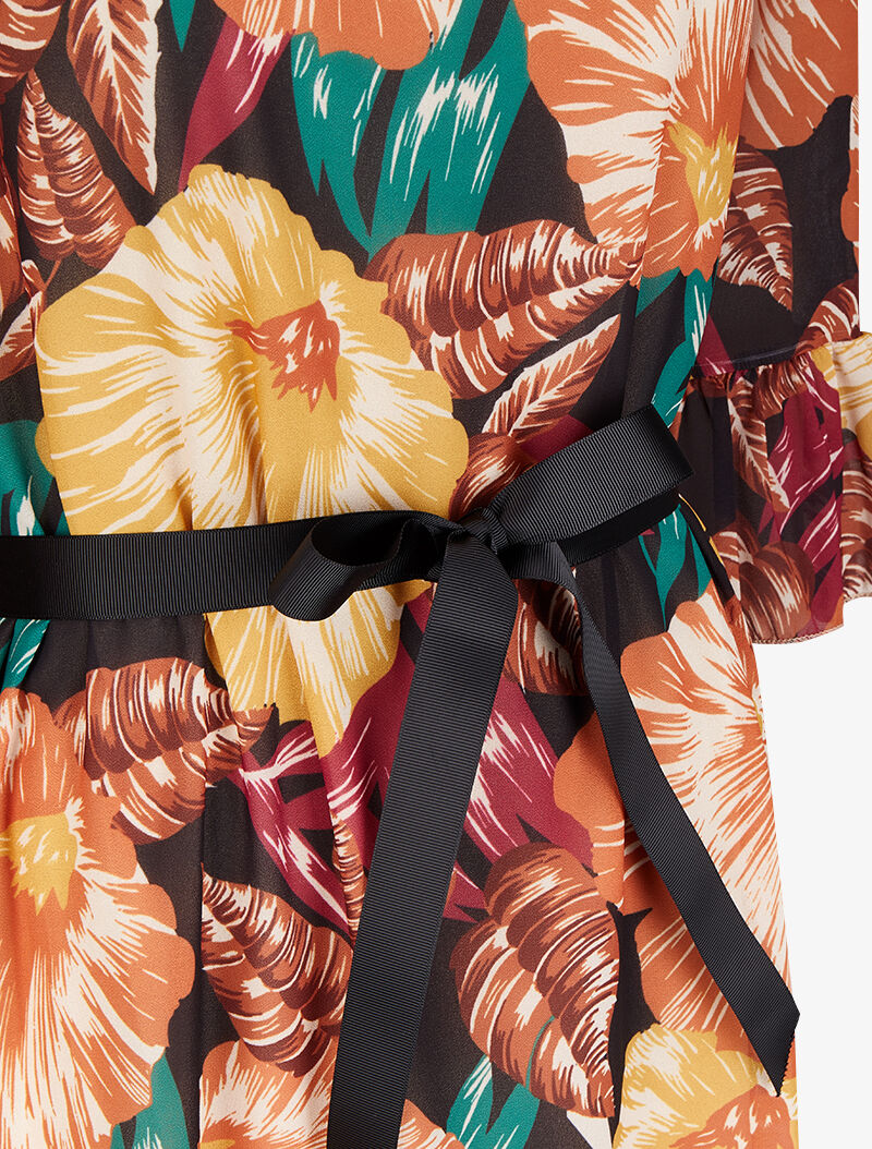 Robe imprimé fleurs tropicales à manches et bords volantés - Noir - 3
