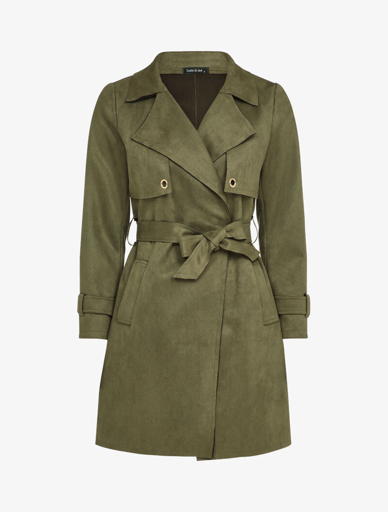 Trench mi-long en suédine à manches à détail sangles - Kaki - 1