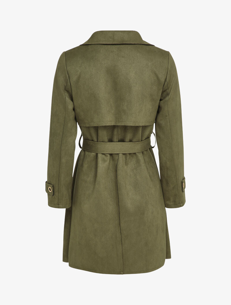 Trench mi-long en suédine à manches à détail sangles - Kaki - 2