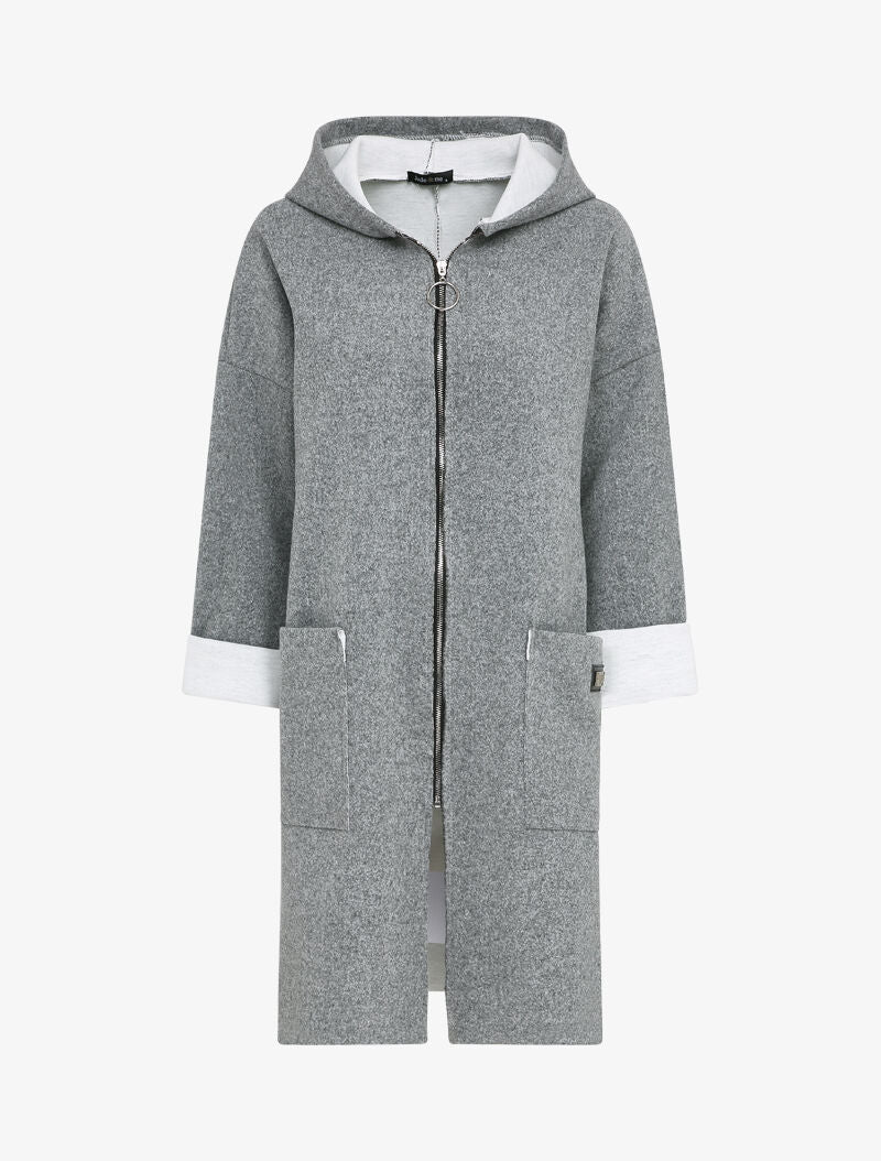 Manteau mi-long à capuche et manches à revers - Gris chiné - 1