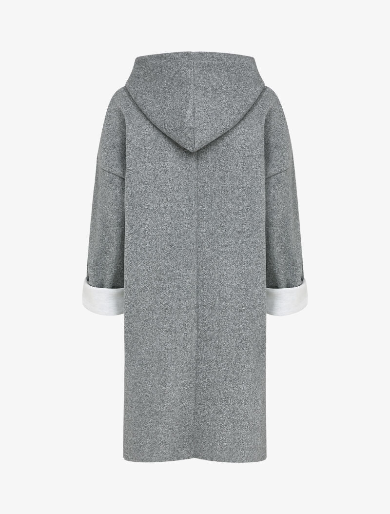 Manteau mi-long à capuche et manches à revers - Gris chiné - 2