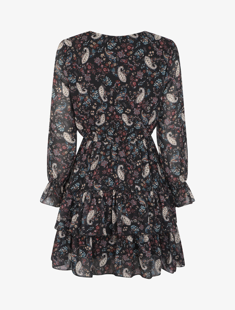 Robe volantée à col à lacets et imprimé cachemire - Noir - 2