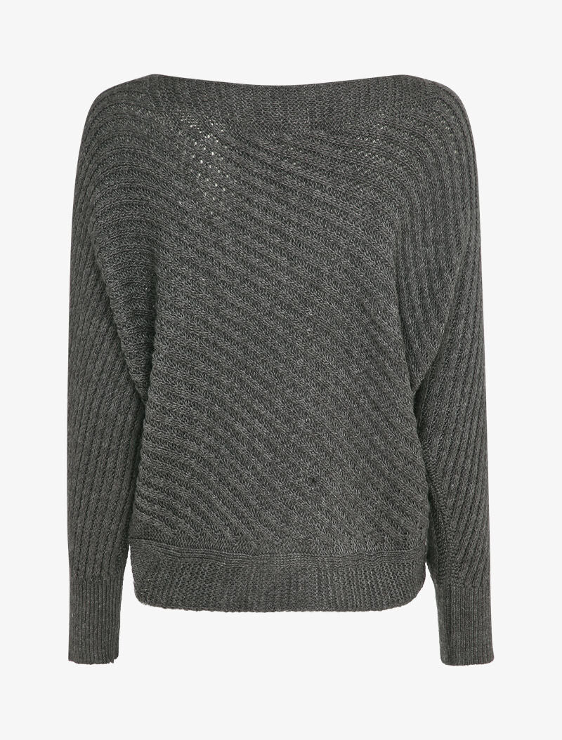 Pull col bateau en maille striée - Gris foncé - 2