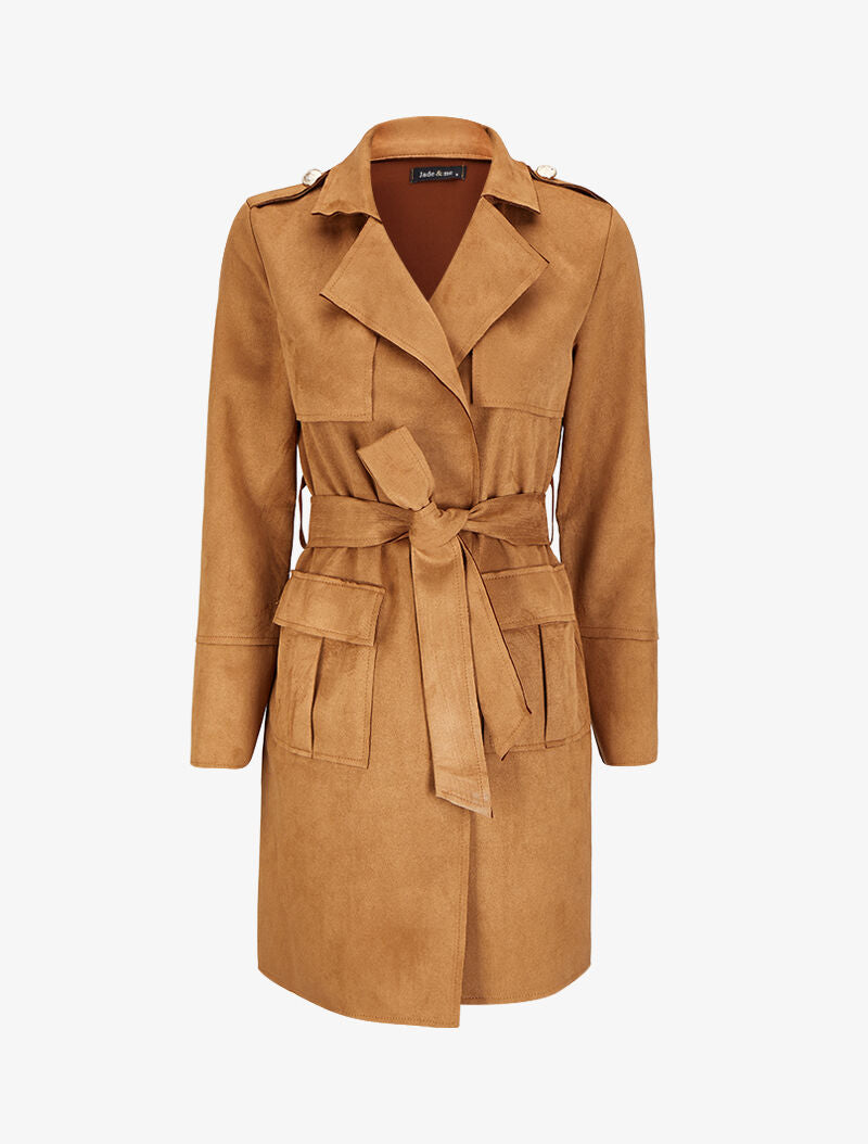 Trench mi-long en suédine à poches à rabats - Camel - 1