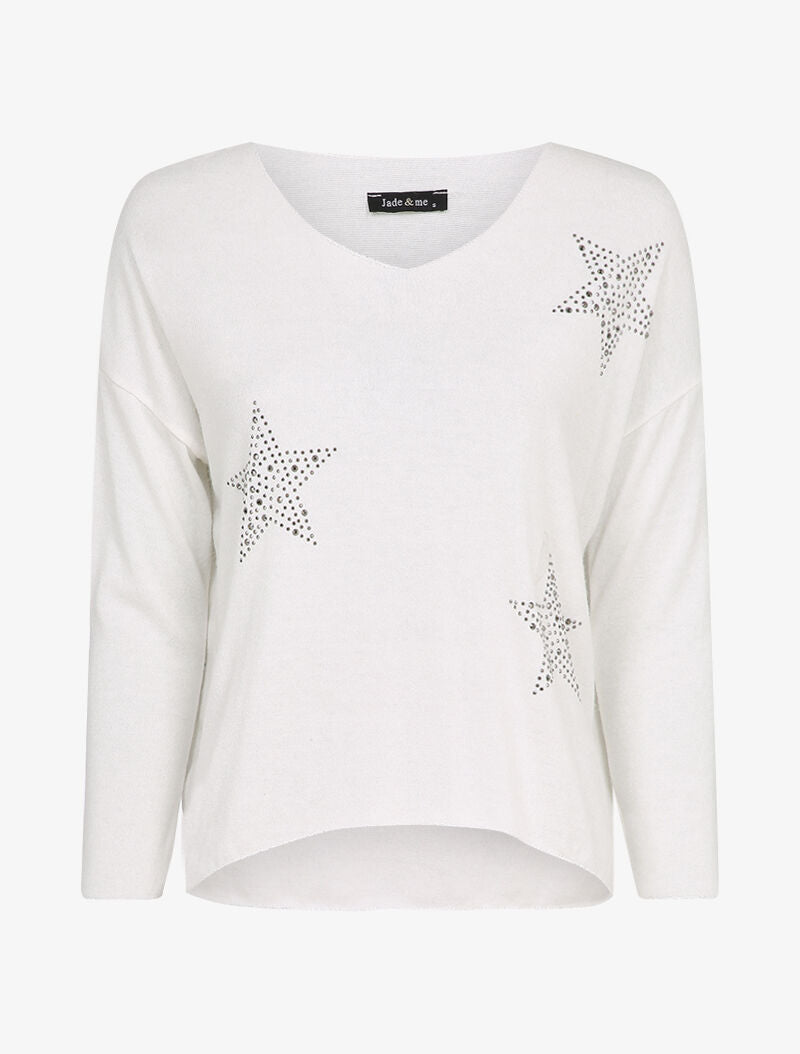 Pull fin oversize orné de strass - Blanc - 1