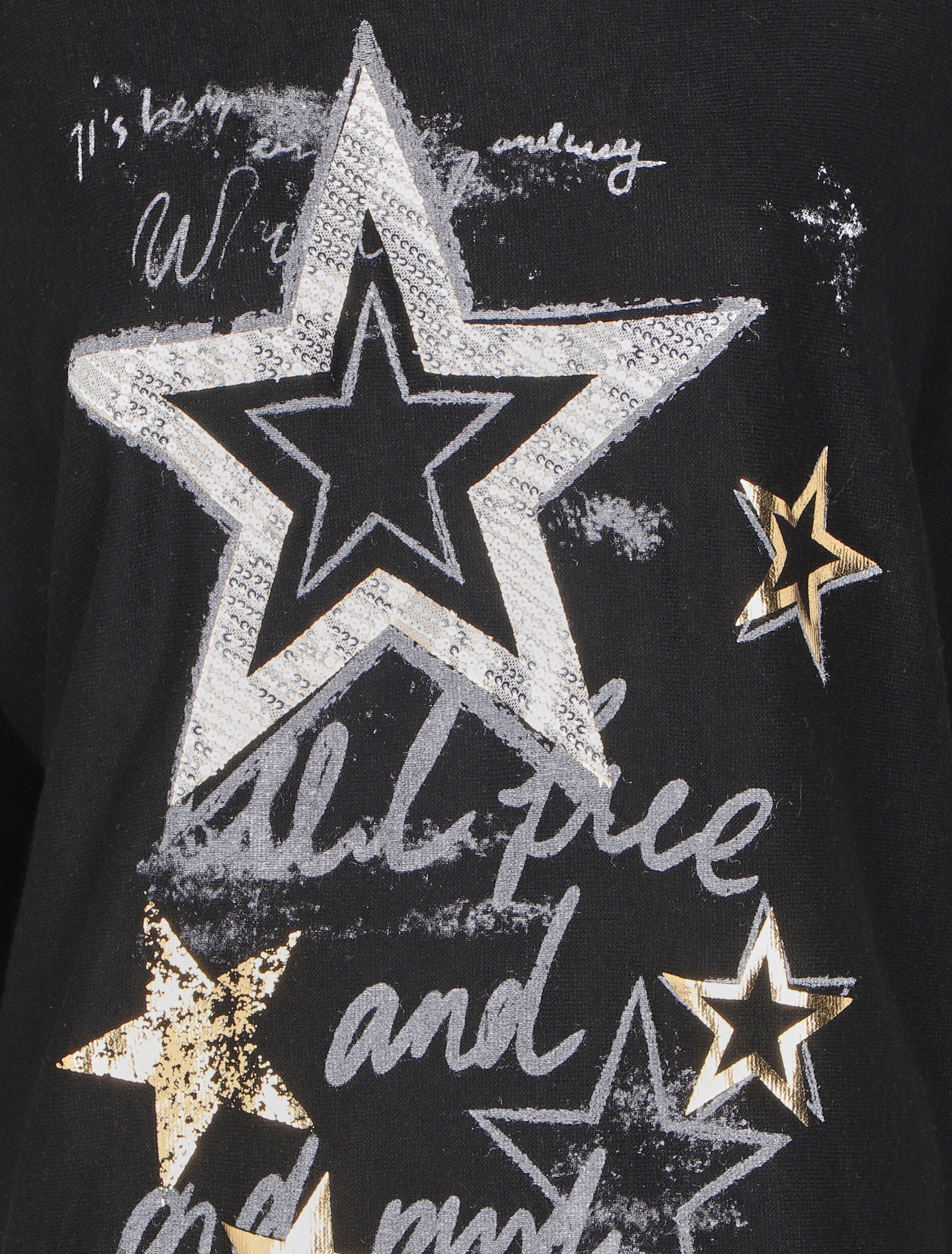 Pull fin loose à motif à inscriptions et motifs étoiles irisées - Noir - 3
