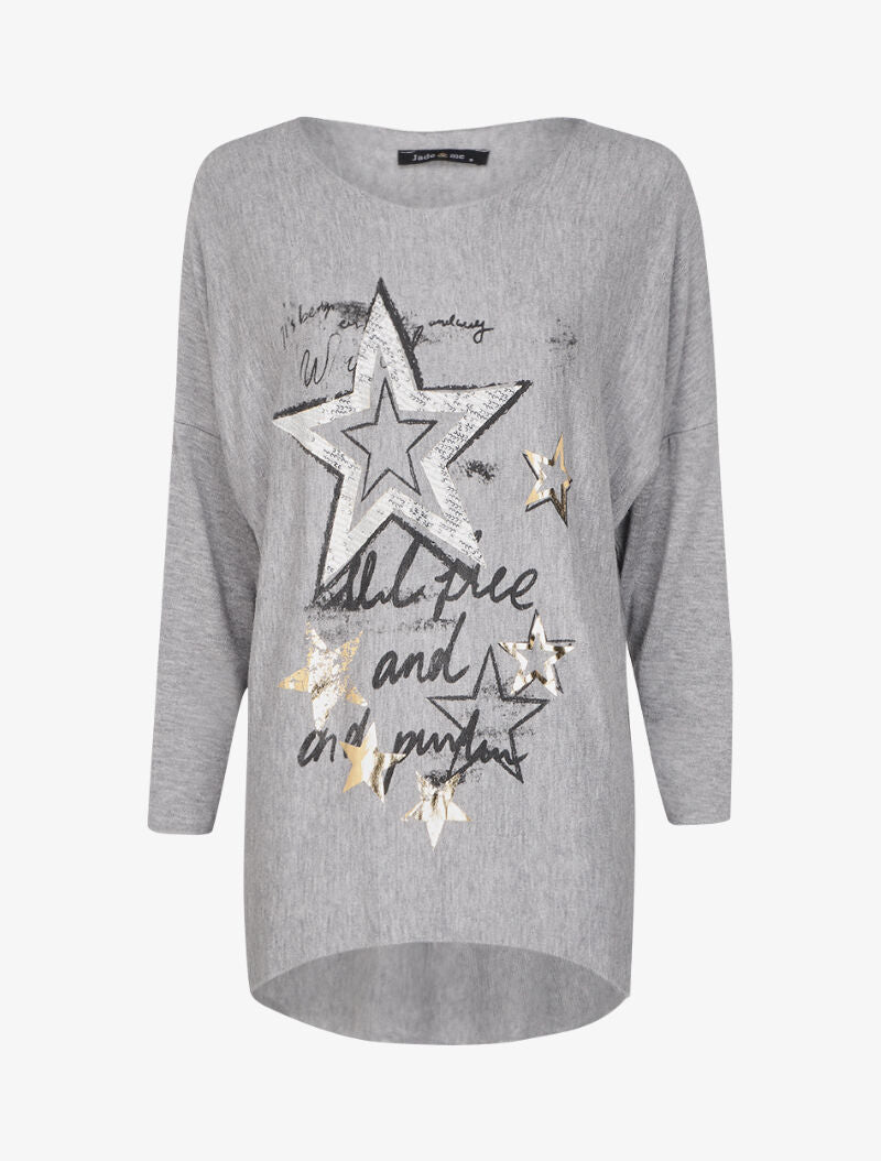 Pull fin loose à motif à inscriptions et motifs étoiles irisées - Gris chiné - 4
