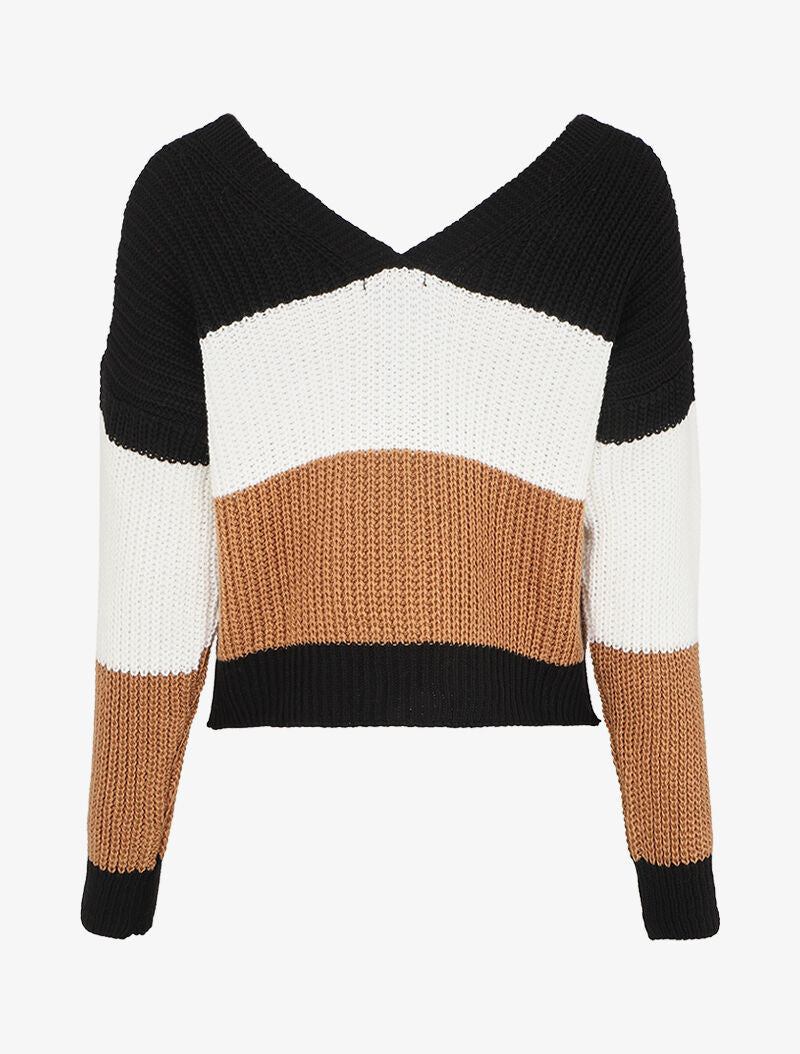 Pull rayé à col et dos en V - Camel - 2